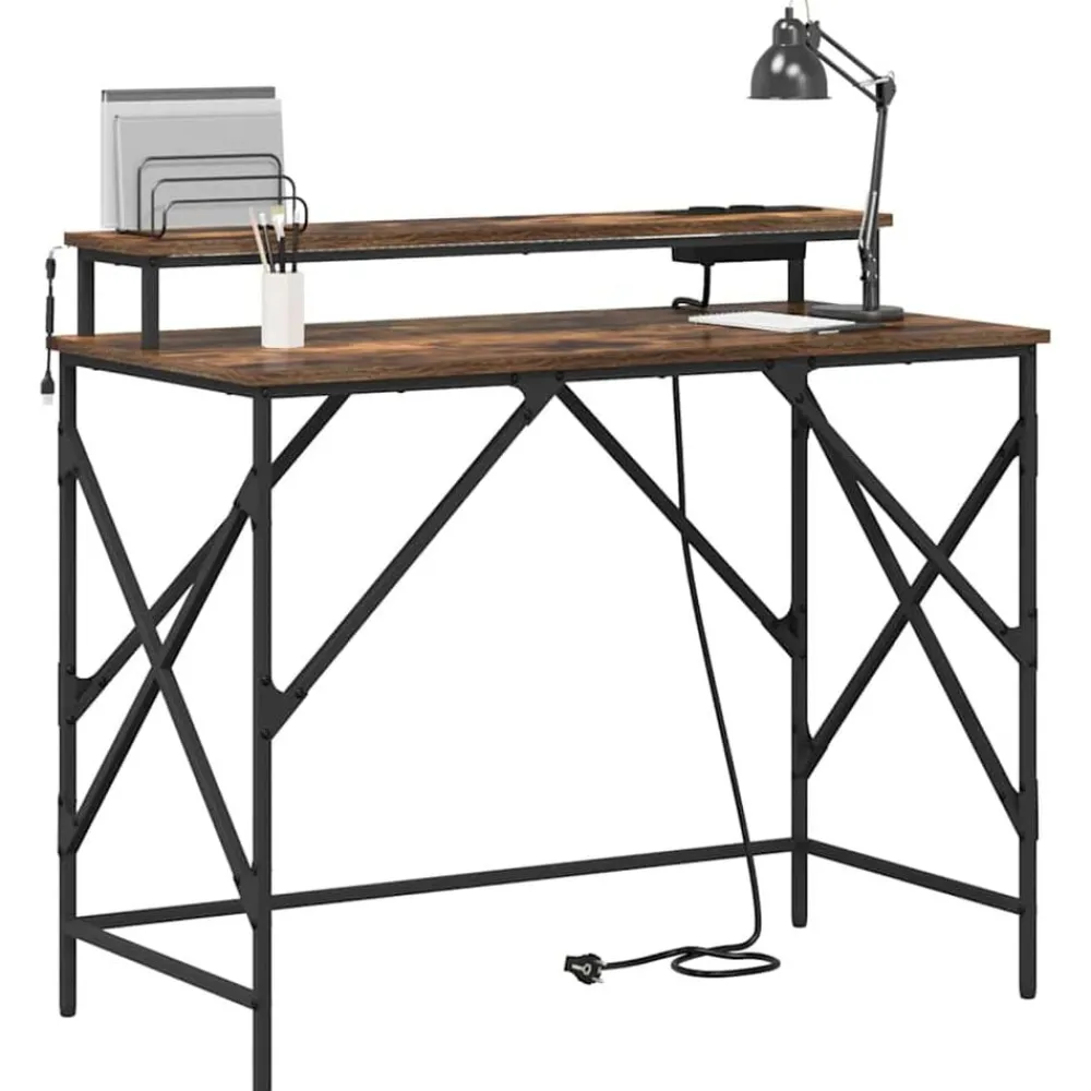Kantoormeubelen*vidaXL Bureau met plank 100 x 50 x 86,5 cm Bewerkt hout Gerookt eiken