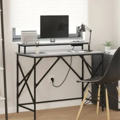 Kantoormeubelen*vidaXL Bureau met plank 100 x 50 x 86,5 cm Bewerkt hout Grijs sonoma