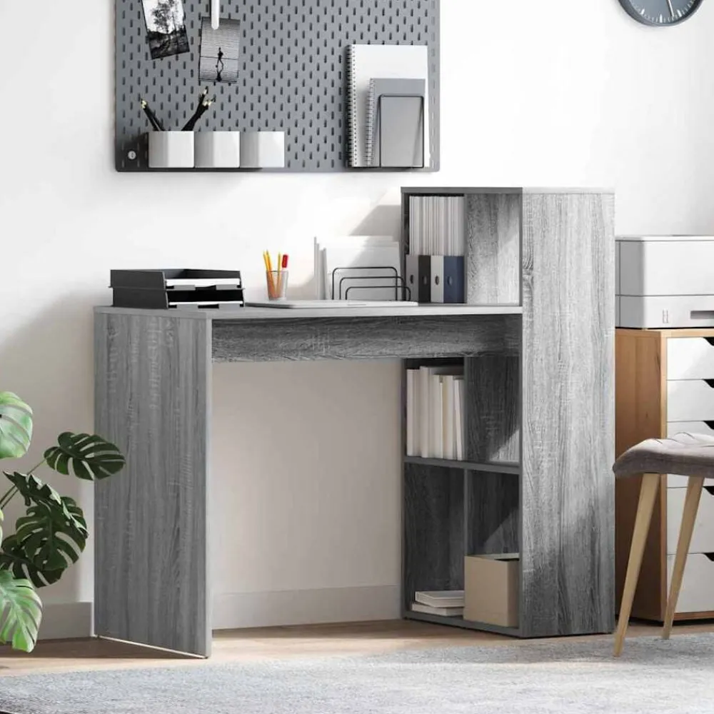 Kantoormeubelen*vidaXL Bureau met plank 108 x 55 x 103.5 cm Bewerkt hout Grijs sonoma