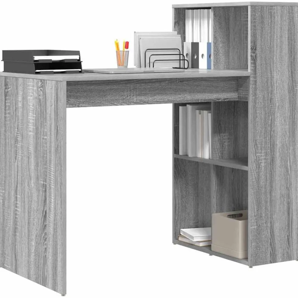 Kantoormeubelen*vidaXL Bureau met plank 108 x 55 x 103.5 cm Bewerkt hout Grijs sonoma