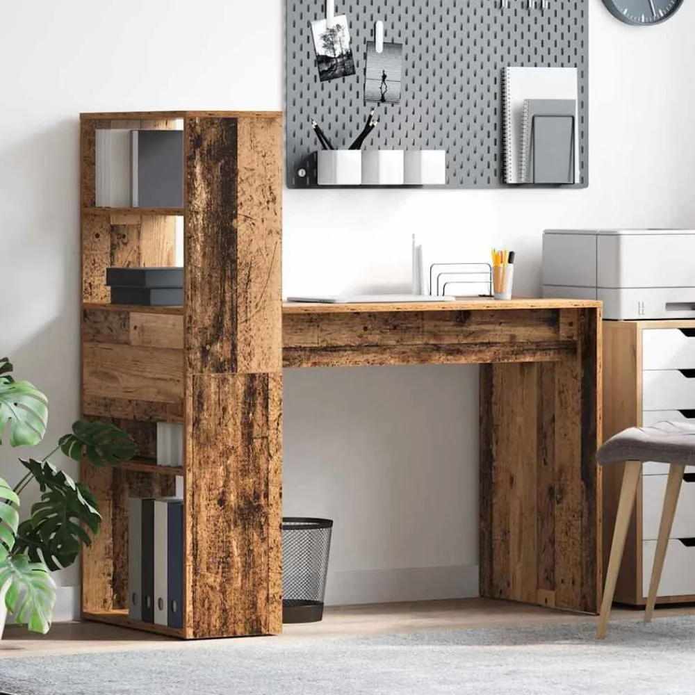 Kantoormeubelen*vidaXL Bureau met plank 113 x 54 x 120 cm Bewerkt hout Oud hout