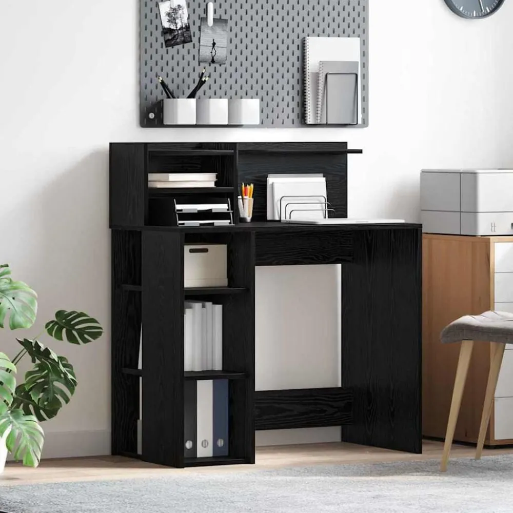 Kantoormeubelen*vidaXL Bureau met plank 90 x 48 x 101,5 cm Bewerkt hout Zwart eiken