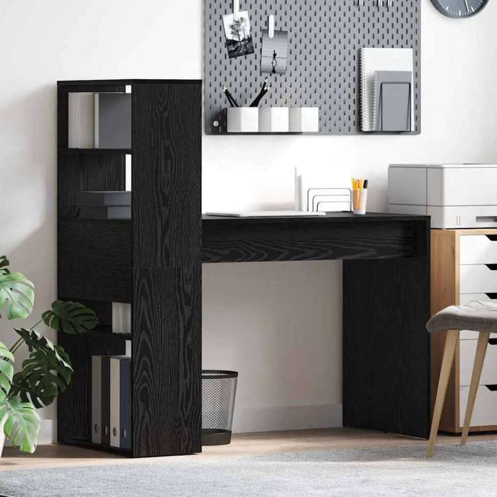 Kantoormeubelen*vidaXL Bureau met plank 113 x 54 x 120 cm Bewerkt hout Zwart eiken