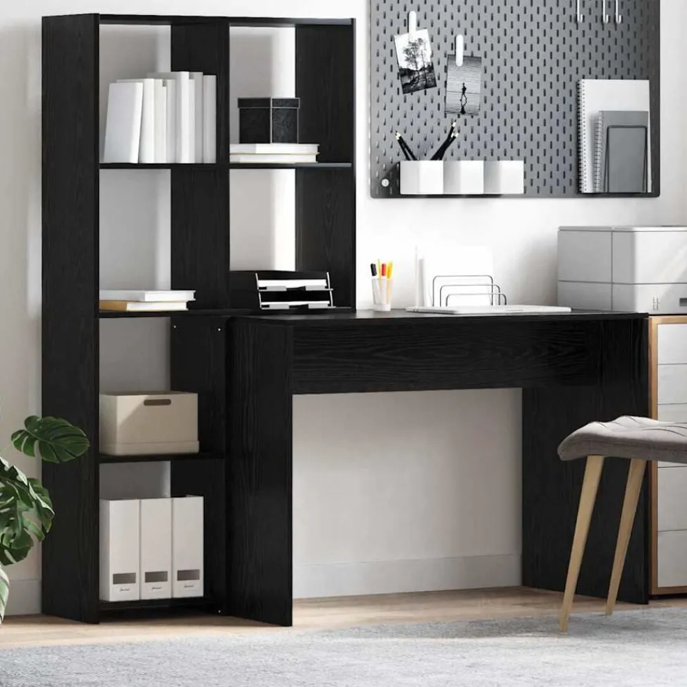 Kantoormeubelen*vidaXL Bureau met plank 138,5 x 55 x 143 cm Bewerkt hout Zwart eiken