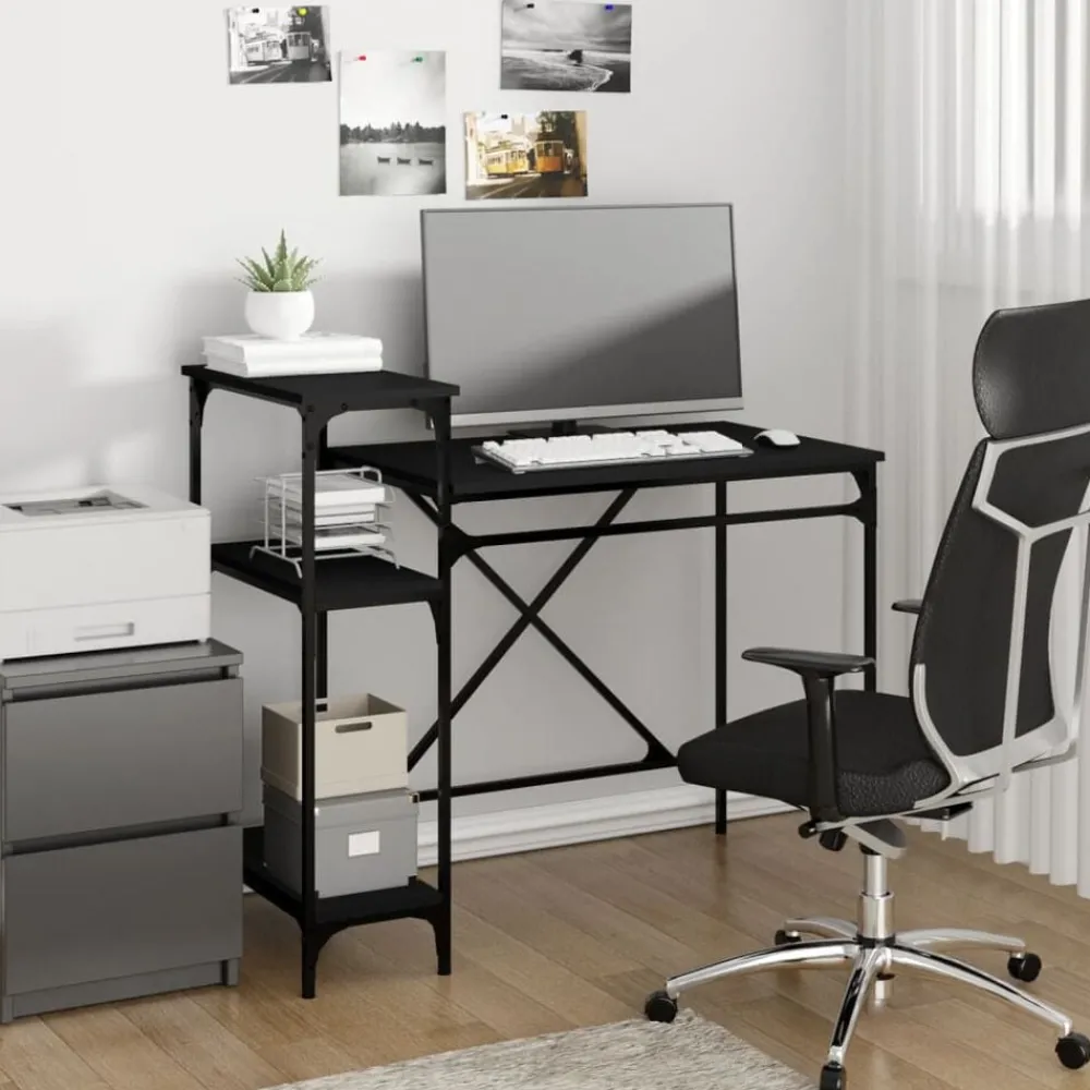 Kantoormeubelen*vidaXL Bureau met schappen 105x50x90 cm bewerkt hout en ijzer Zwart