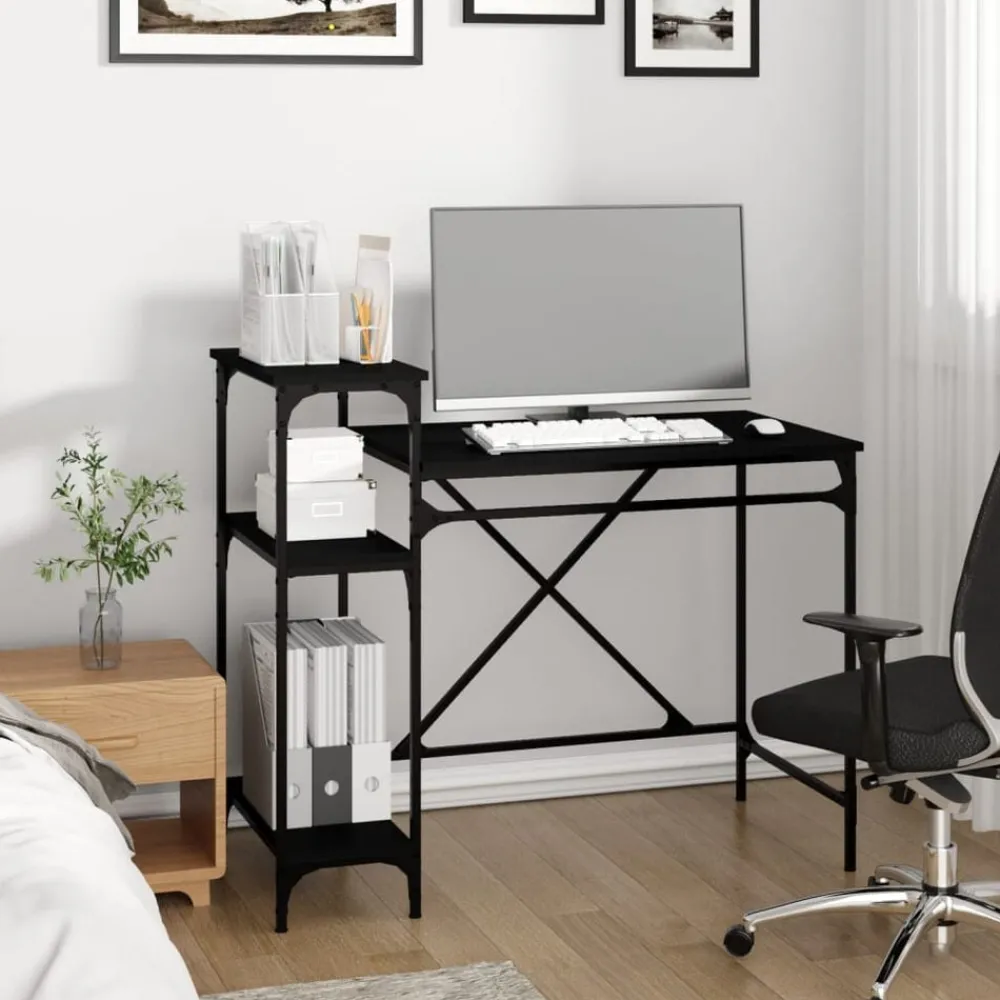 Kantoormeubelen*vidaXL Bureau met schappen 105x50x90 cm bewerkt hout en ijzer Zwart