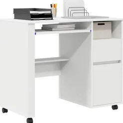 Kantoormeubelen*vidaXL Bureau met Wielen met lade 91 x 50 x 77 cm Bewerkt hout Wit