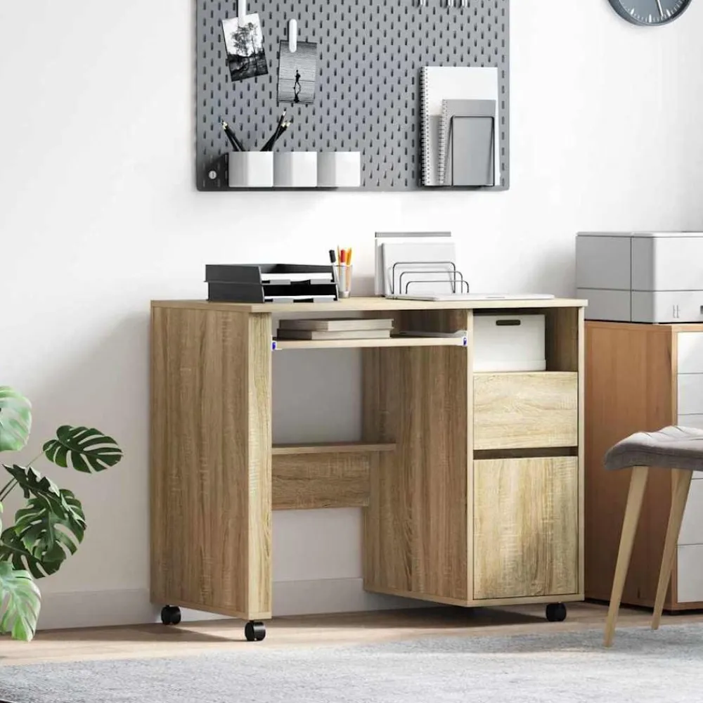 Kantoormeubelen*vidaXL Bureau met Wielen 91 x 50 x 77 cm Bewerkt hout Sonoma eiken