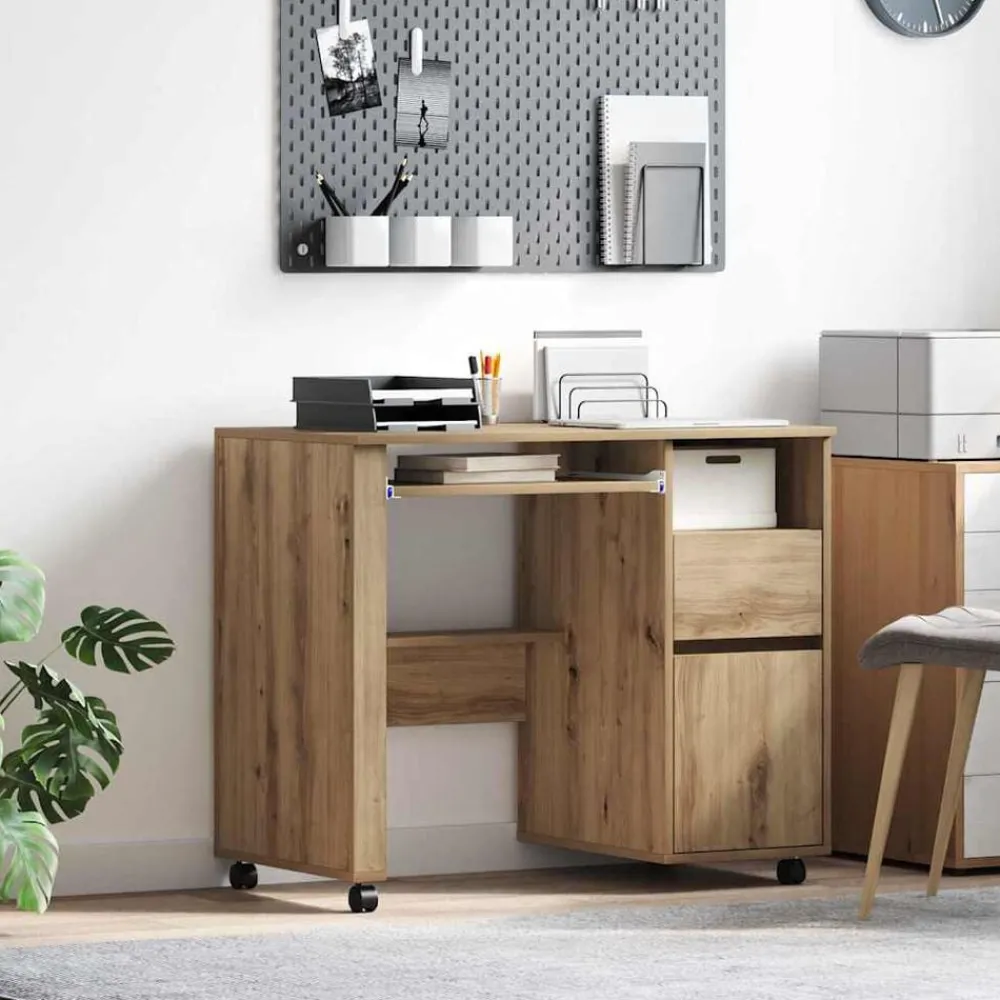 Bureau met Wielen Artisan Eiken 91 x 50 x 77 cm Bewerkt hout>vidaXL Outlet
