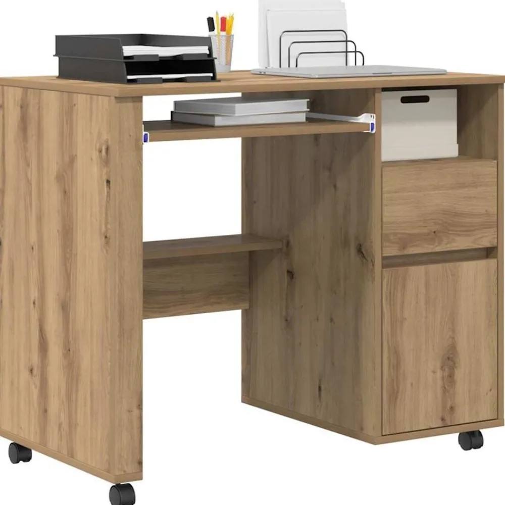 Bureau met Wielen Artisan Eiken 91 x 50 x 77 cm Bewerkt hout>vidaXL Outlet