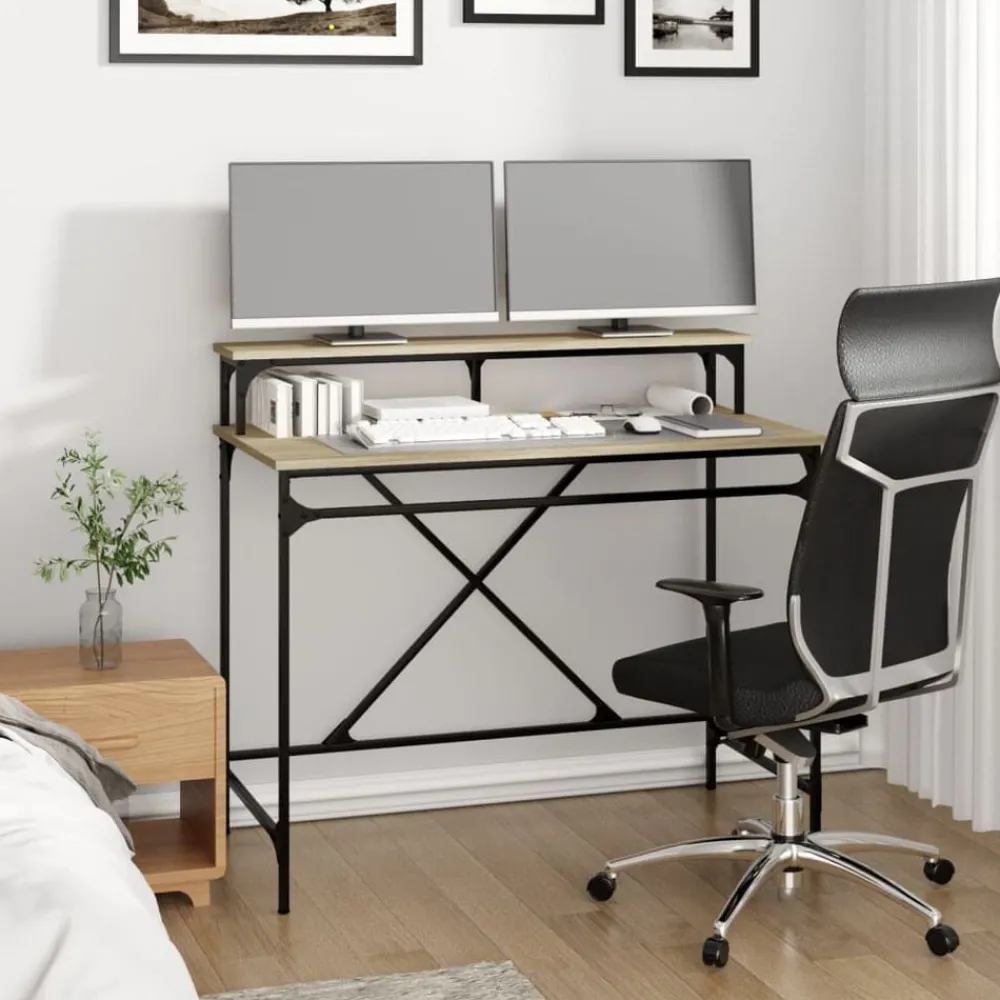 Kantoormeubelen*vidaXL Bureau 100x50x90 cm bewerkt hout en ijzer kleur Sonoma eiken