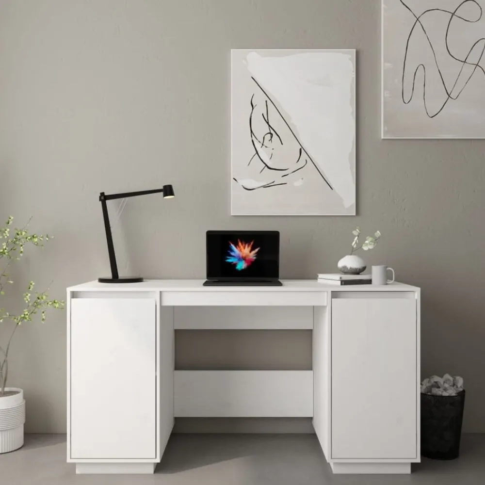 Kantoormeubelen*vidaXL Bureau 140x50x75 cm massief grenenhout Wit