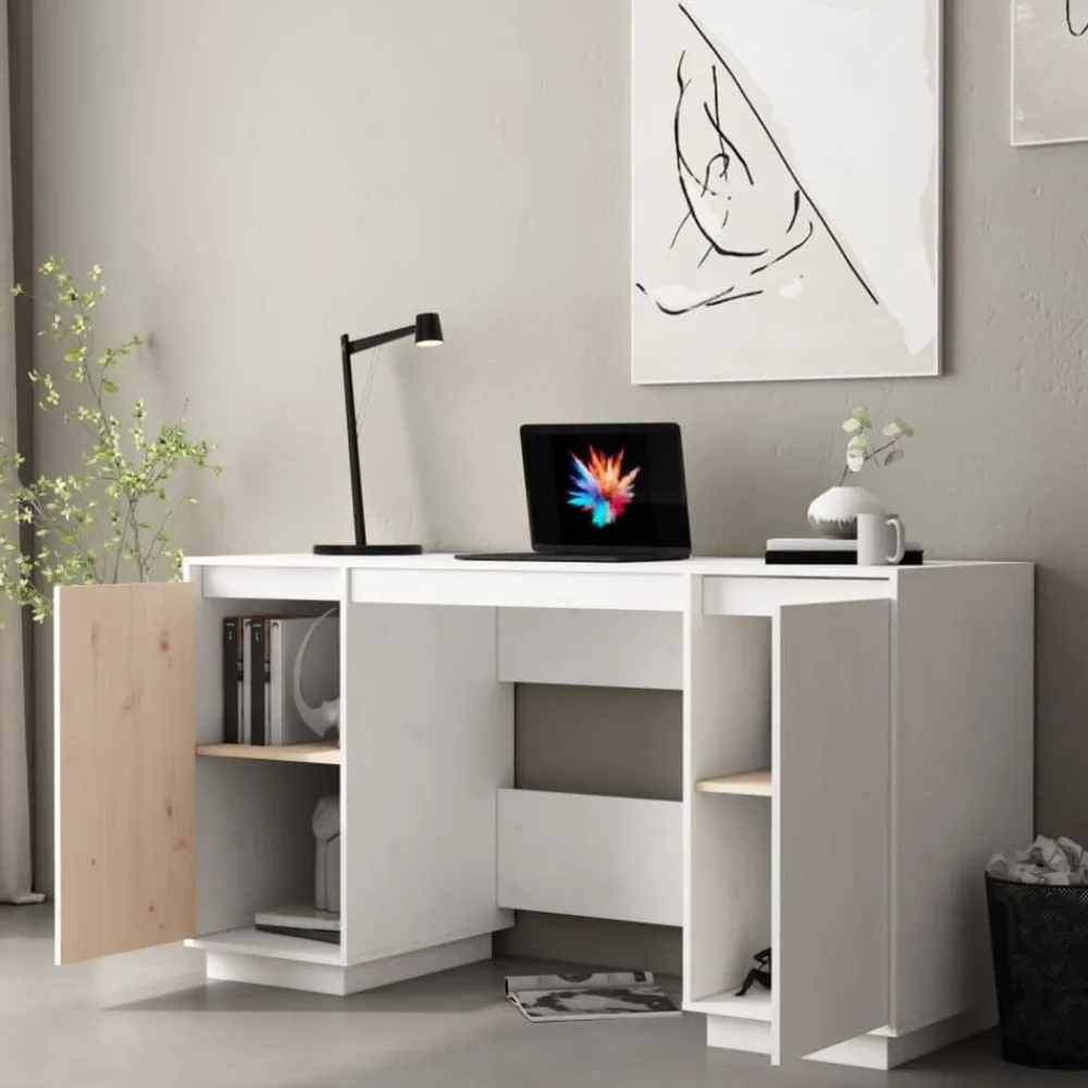 Kantoormeubelen*vidaXL Bureau 140x50x75 cm massief grenenhout Wit