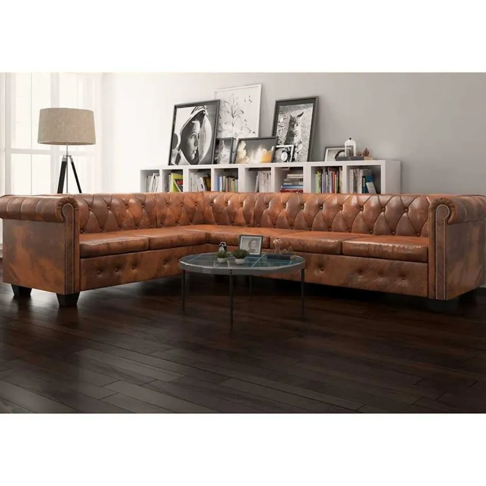 Banken*vidaXL Chesterfield hoekbank 6-zits kunstleer Bruin