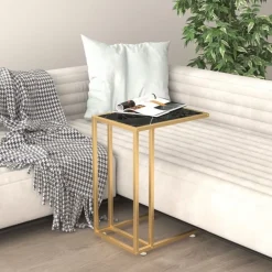 Tafels*vidaXL Computer bijzettafel 50x35x65 cm gehard glas zwartmarmerkleurig Goud en zwartmarmer