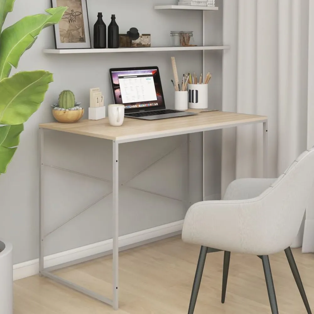 Kantoormeubelen*vidaXL Computerbureau 110x60x70 cm bewerkt hout kleurig Wit en eiken