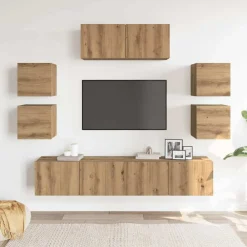 7-delig Tv-meubelset wandmontage bewerkt hout artisanaal eiken><noscript><img width=