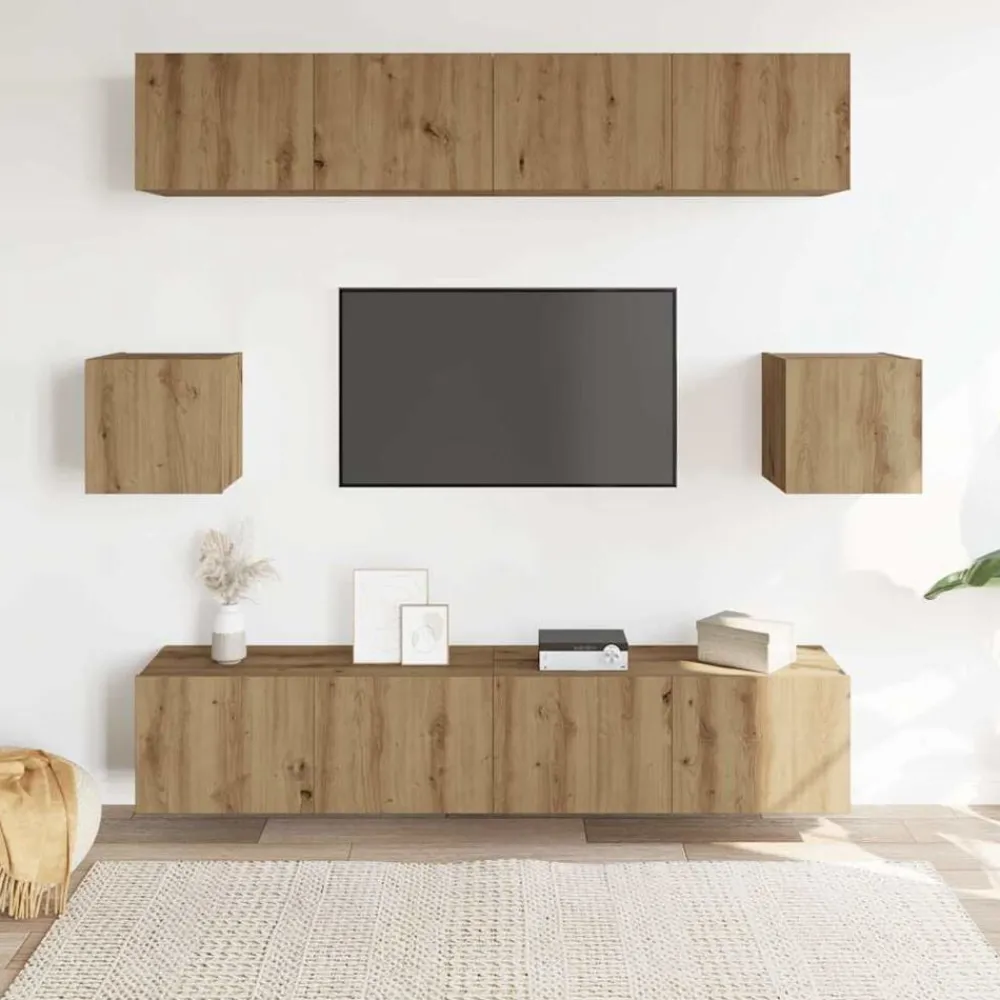 6-delig Tv-meubelset wandmontage bewerkt hout artisanaal eiken>vidaXL Discount