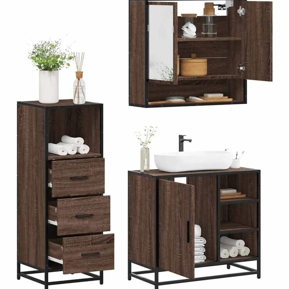 3-delige Badkamermeubelset bewerkt hout>vidaXL Best