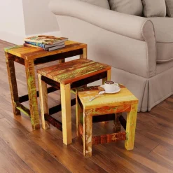 Tafels*vidaXL 3-delige Bijzettafeltjesset vintage stijl gerecycled hout