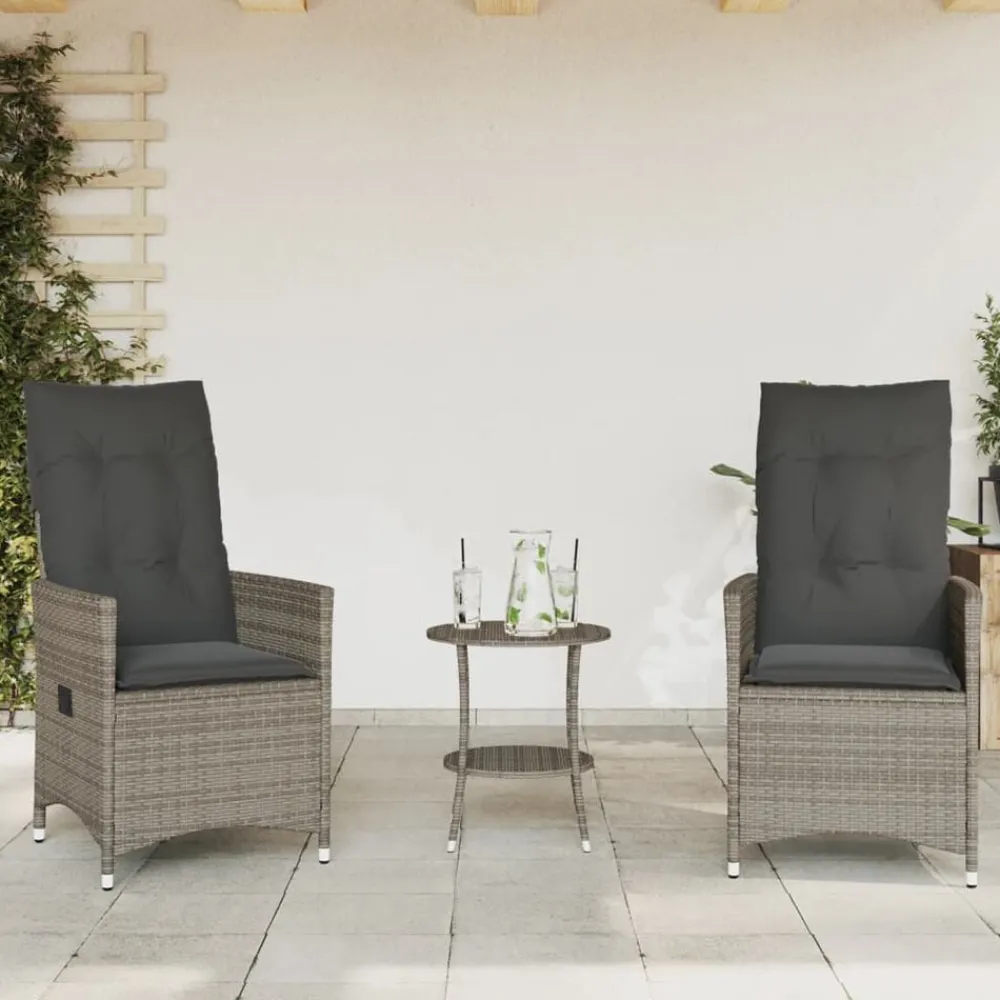 Tuinmeubelen*vidaXL 3-delige Bistroset met kussens poly rattan Grijs
