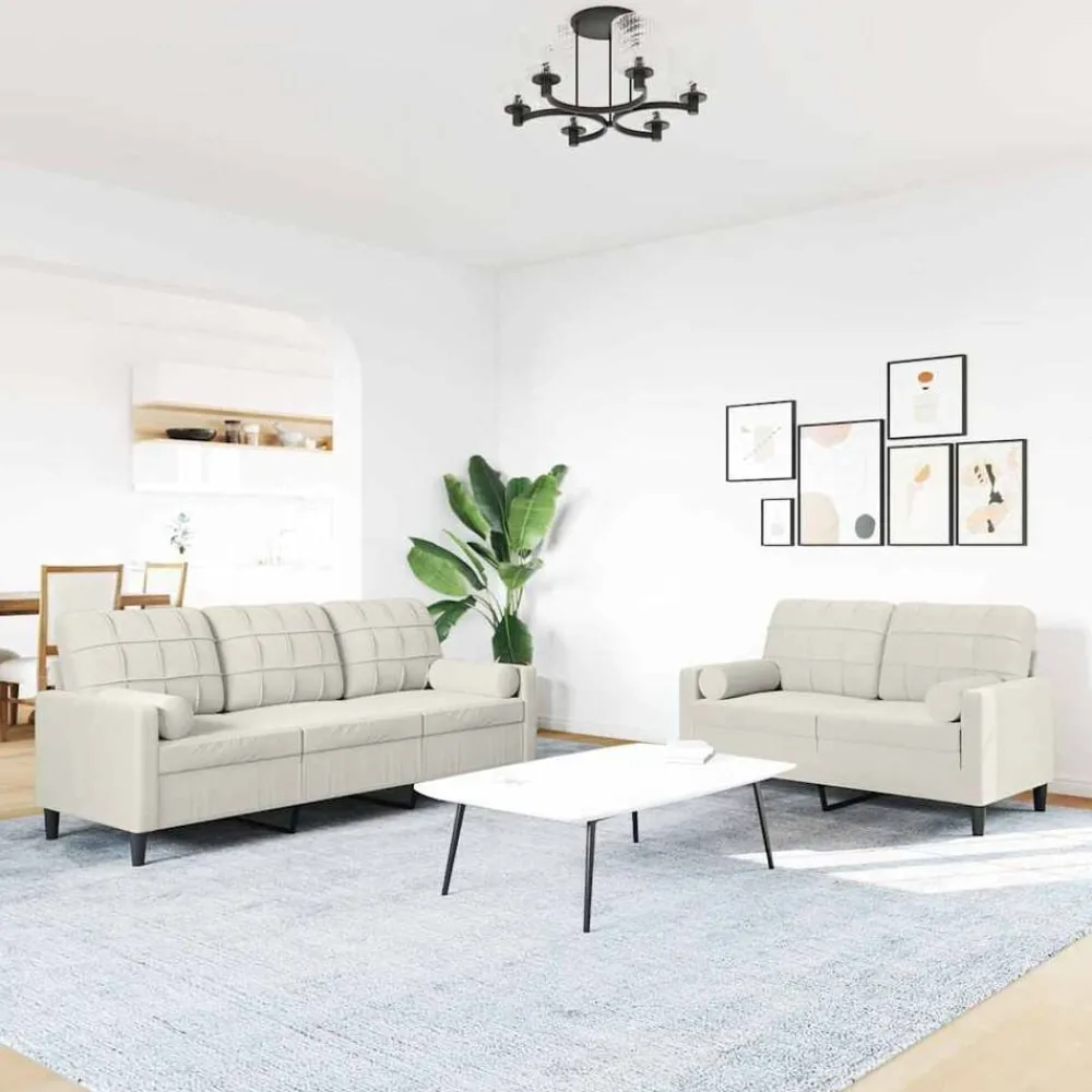 Banken*vidaXL 2-delige Loungeset met kussens en bolsters fluweel crèmekleurig Crème