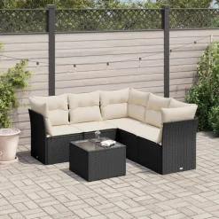 Tuinmeubelen*vidaXL 6-delige Loungeset met kussens poly rattan zwart Zwart en cr&egrave;me