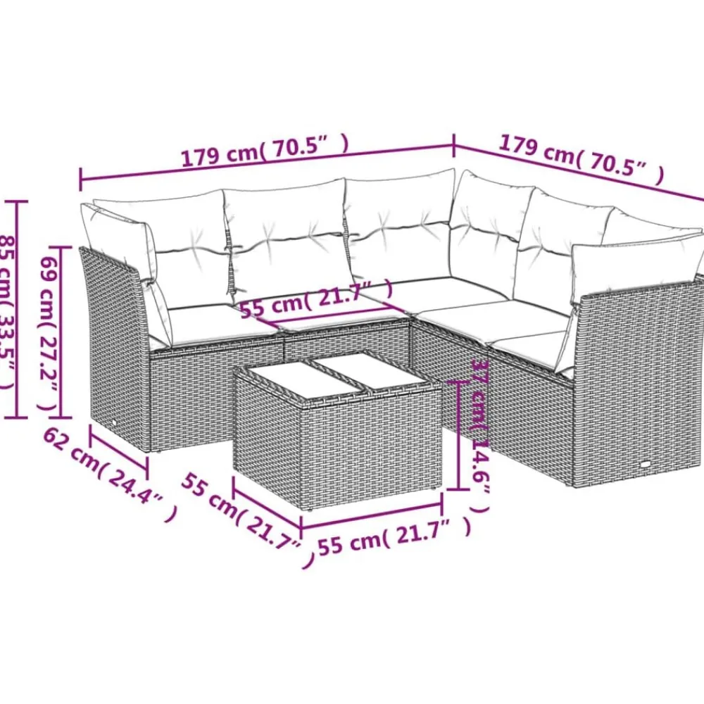 Tuinmeubelen*vidaXL 6-delige Loungeset met kussens poly rattan zwart Zwart en crème