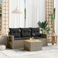 Tuinmeubelen*vidaXL 4-delige Loungeset met kussens poly rattan Grijs