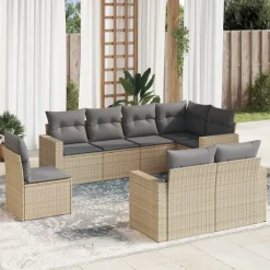 Tuinmeubelen*vidaXL 8-delige Loungeset met kussens poly rattan beige Beige en grijs