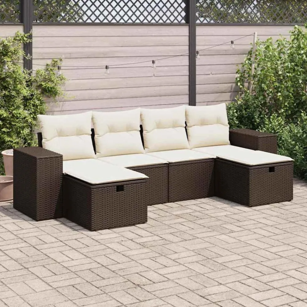 Tuinmeubelen*vidaXL 6-delige Loungeset met kussens poly rattan bruin Bruin en crème