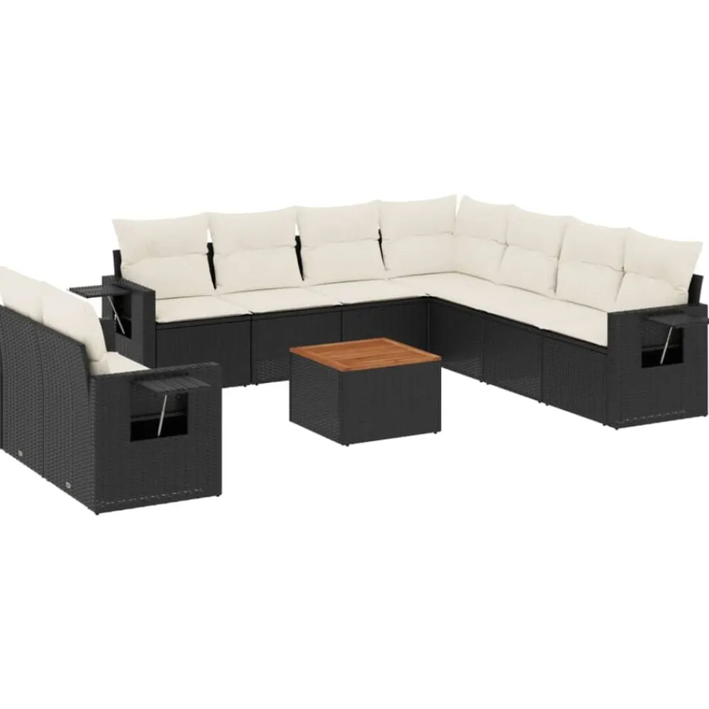 Tuinmeubelen*vidaXL 10-delige Loungeset met kussens poly rattan zwart Zwart en crème