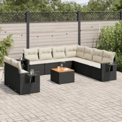 Tuinmeubelen*vidaXL 10-delige Loungeset met kussens poly rattan zwart Zwart en cr&egrave;me