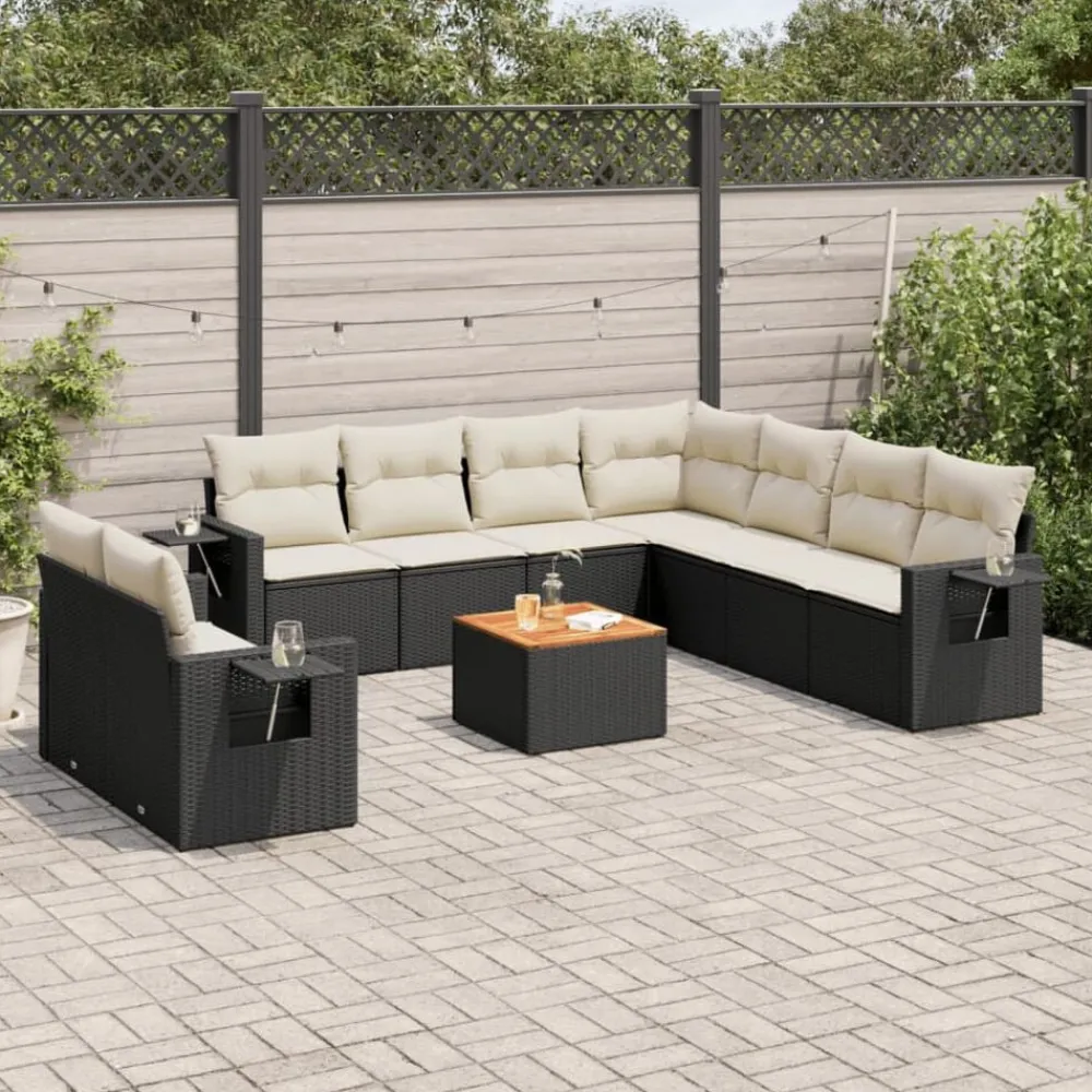 Tuinmeubelen*vidaXL 10-delige Loungeset met kussens poly rattan zwart Zwart en crème