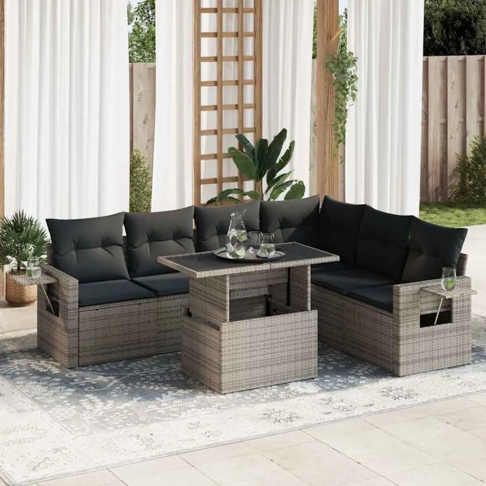 Tuinmeubelen*vidaXL 7-delige Loungeset met kussens poly rattan Grijs
