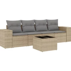 Tuinmeubelen*vidaXL 5-delige Loungeset met kussens poly rattan beige Beige en grijs