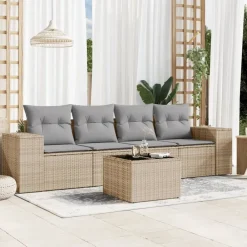 Tuinmeubelen*vidaXL 5-delige Loungeset met kussens poly rattan beige Beige en grijs