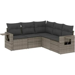 Tuinmeubelen*vidaXL 5-delige Loungeset met kussens poly rattan Grijs