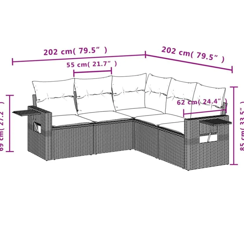 Tuinmeubelen*vidaXL 5-delige Loungeset met kussens poly rattan Grijs