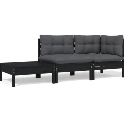 Tuinmeubelen*vidaXL 3-delige Loungeset met kussens massief grenenhout Zwart