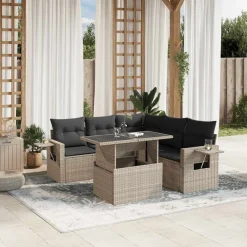 Tuinmeubelen*vidaXL 6-delige Loungeset met kussens poly rattan Lichtgrijs