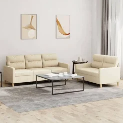 Banken*vidaXL 2-delige Loungeset met kussens stof crèmekleurig Cr&egrave;me