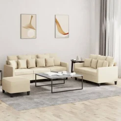 Banken*vidaXL 3-delige Loungeset met kussens stof crèmekleurig Cr&egrave;me