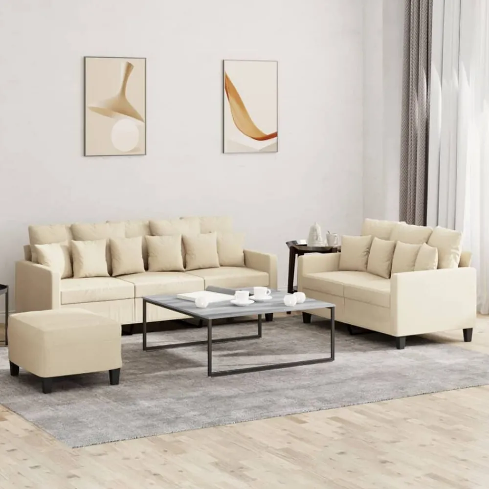Banken*vidaXL 3-delige Loungeset met kussens stof crèmekleurig Crème