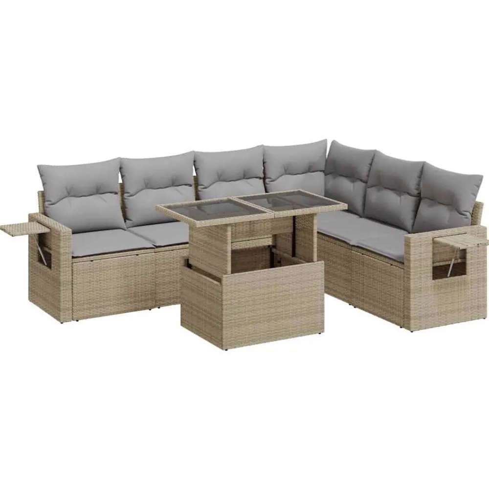 7-delige Loungeset met kussens poly rattan beige>vidaXL New