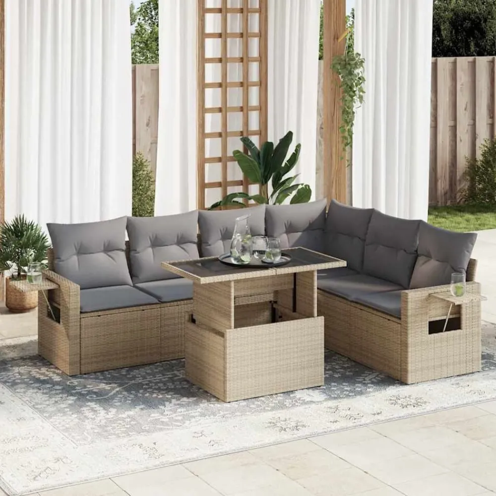 7-delige Loungeset met kussens poly rattan beige>vidaXL New