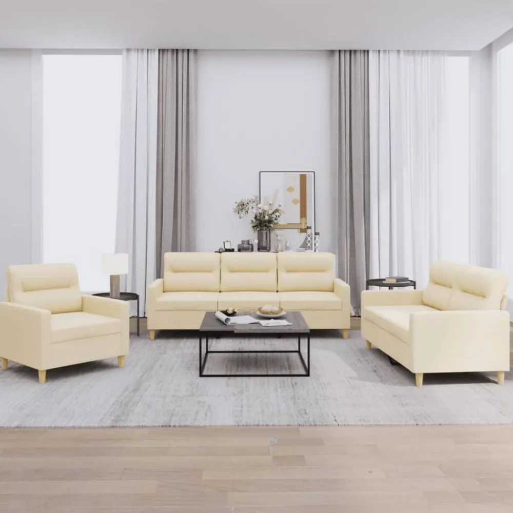 Banken*vidaXL 3-delige Loungeset met kussens stof crèmekleurig Crème