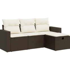 Tuinmeubelen*vidaXL 4-delige Loungeset met kussens poly rattan bruin Bruin en cr&egrave;me