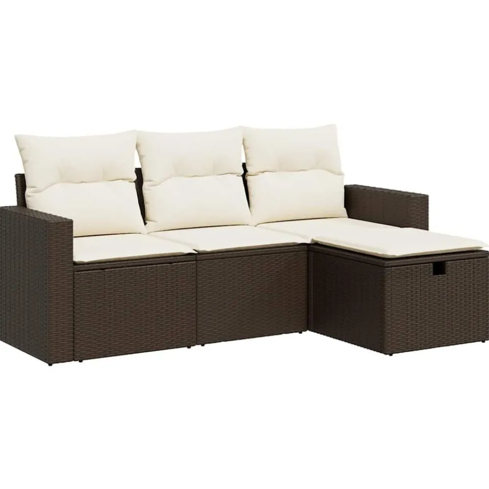 Tuinmeubelen*vidaXL 4-delige Loungeset met kussens poly rattan bruin Bruin en crème
