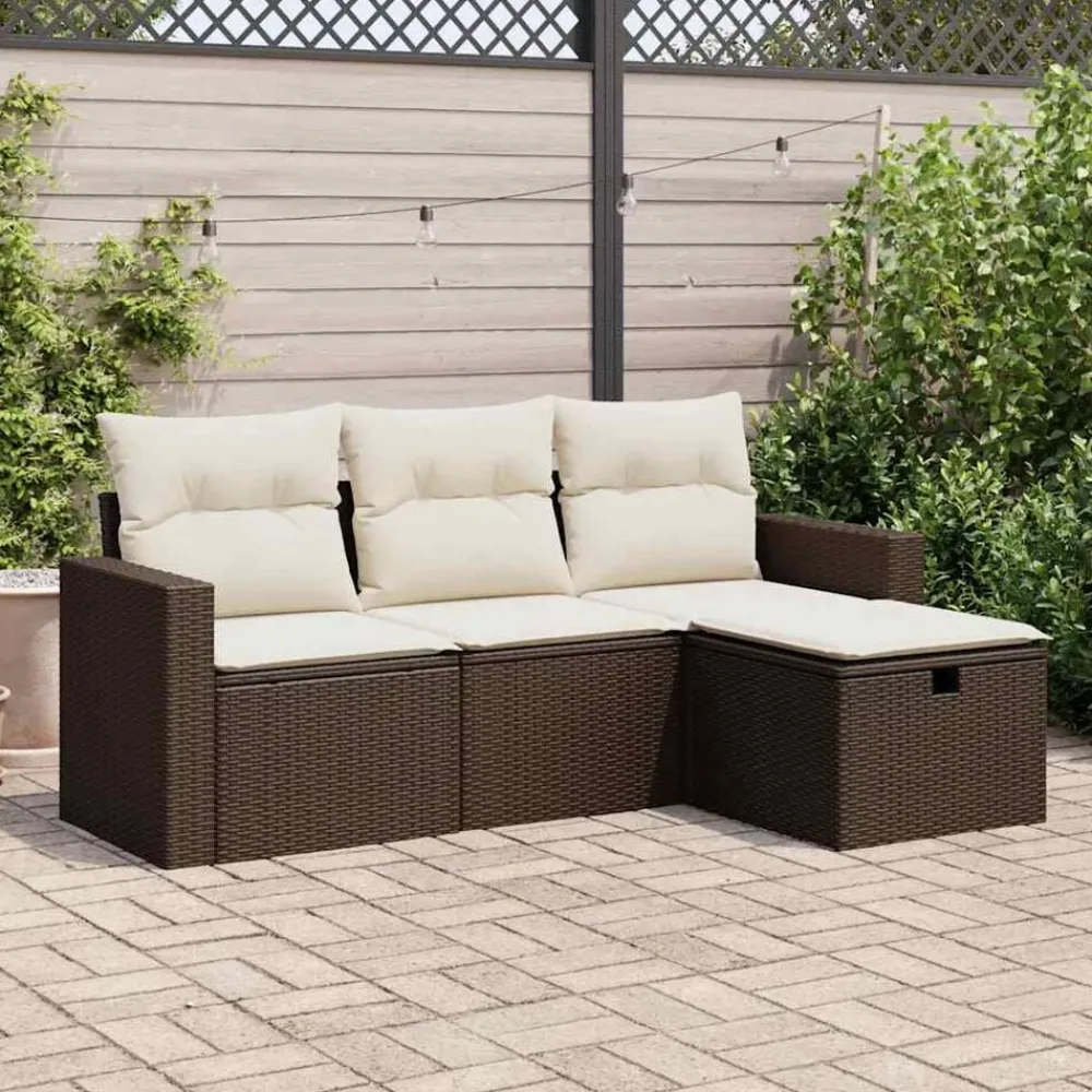 Tuinmeubelen*vidaXL 4-delige Loungeset met kussens poly rattan bruin Bruin en crème